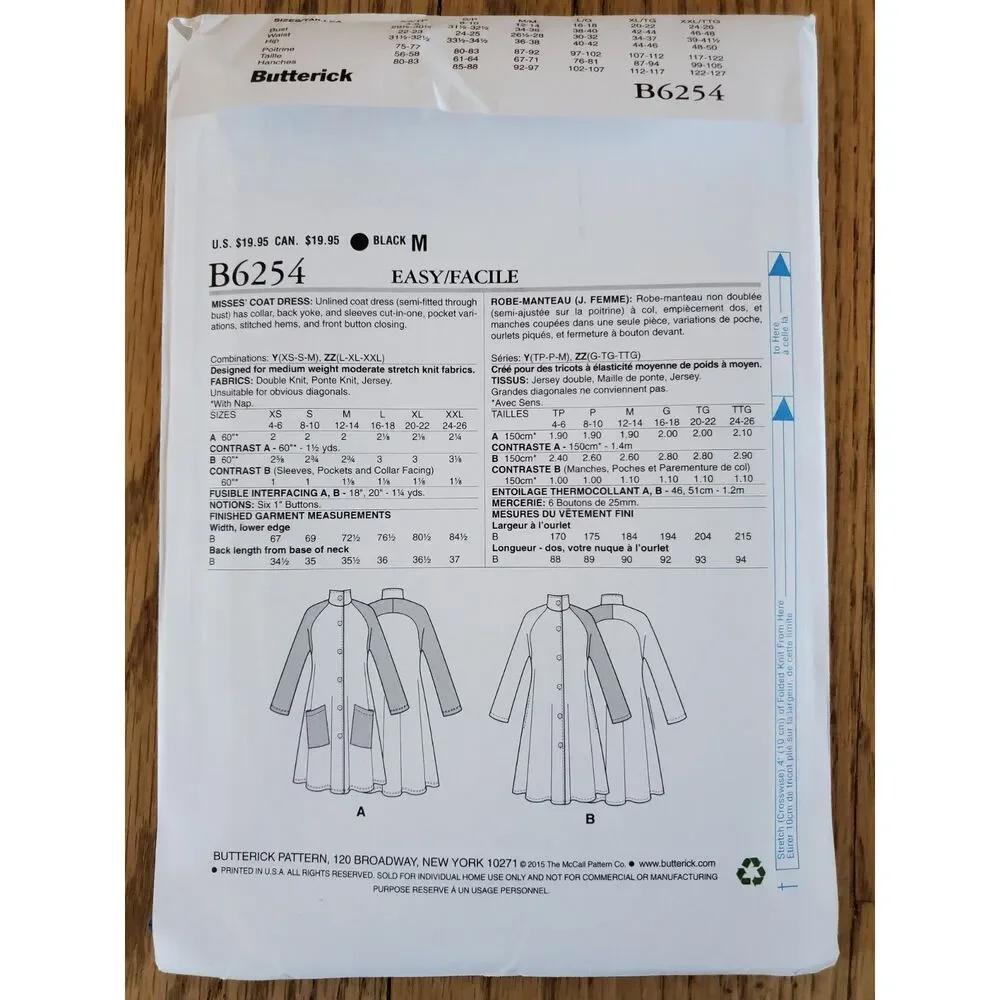 Butterick B6254 Pattern Womens XS - M Coat Dress New Uncut